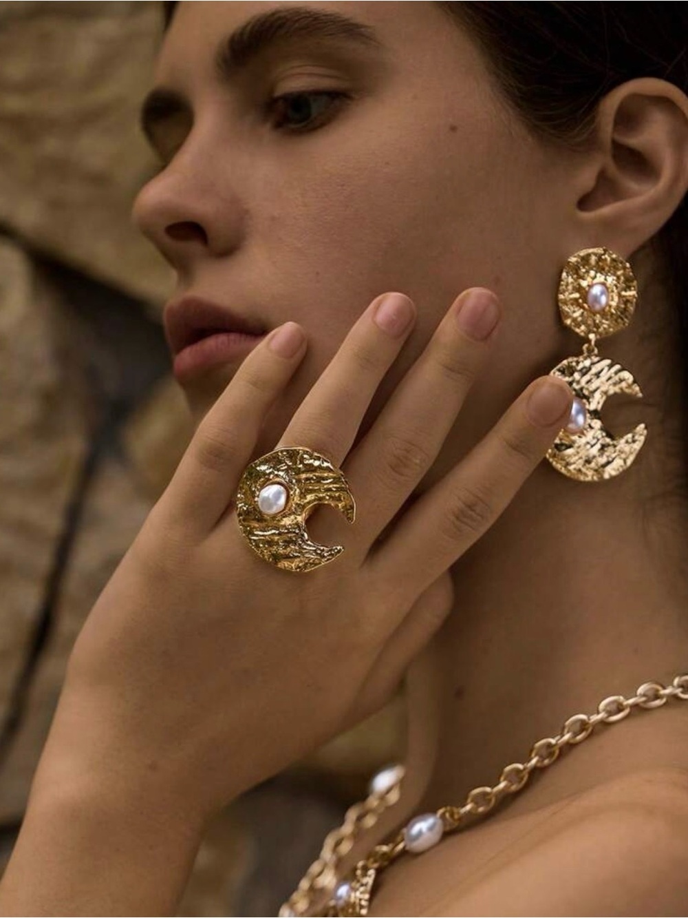 Gold Crescent & Pearl Drop Earrings - Picture 6 of 6